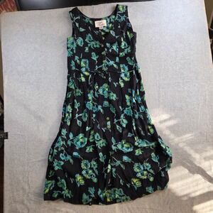 Sarah Elizabeth Midi Dress Women 8P Black Floral Rayon Button Front Sleeveless